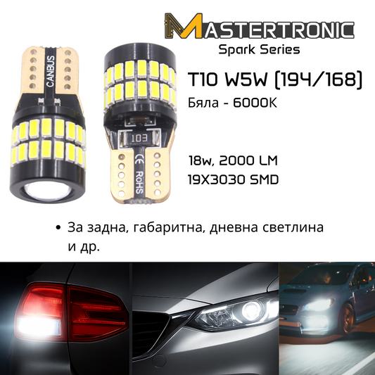 LED Spark Автомобилни крушки T10 W5W (194/168) – Бяла светлина 6000K /габарит; интериор; паркинг; регистрационен номер/ – 2 бр.